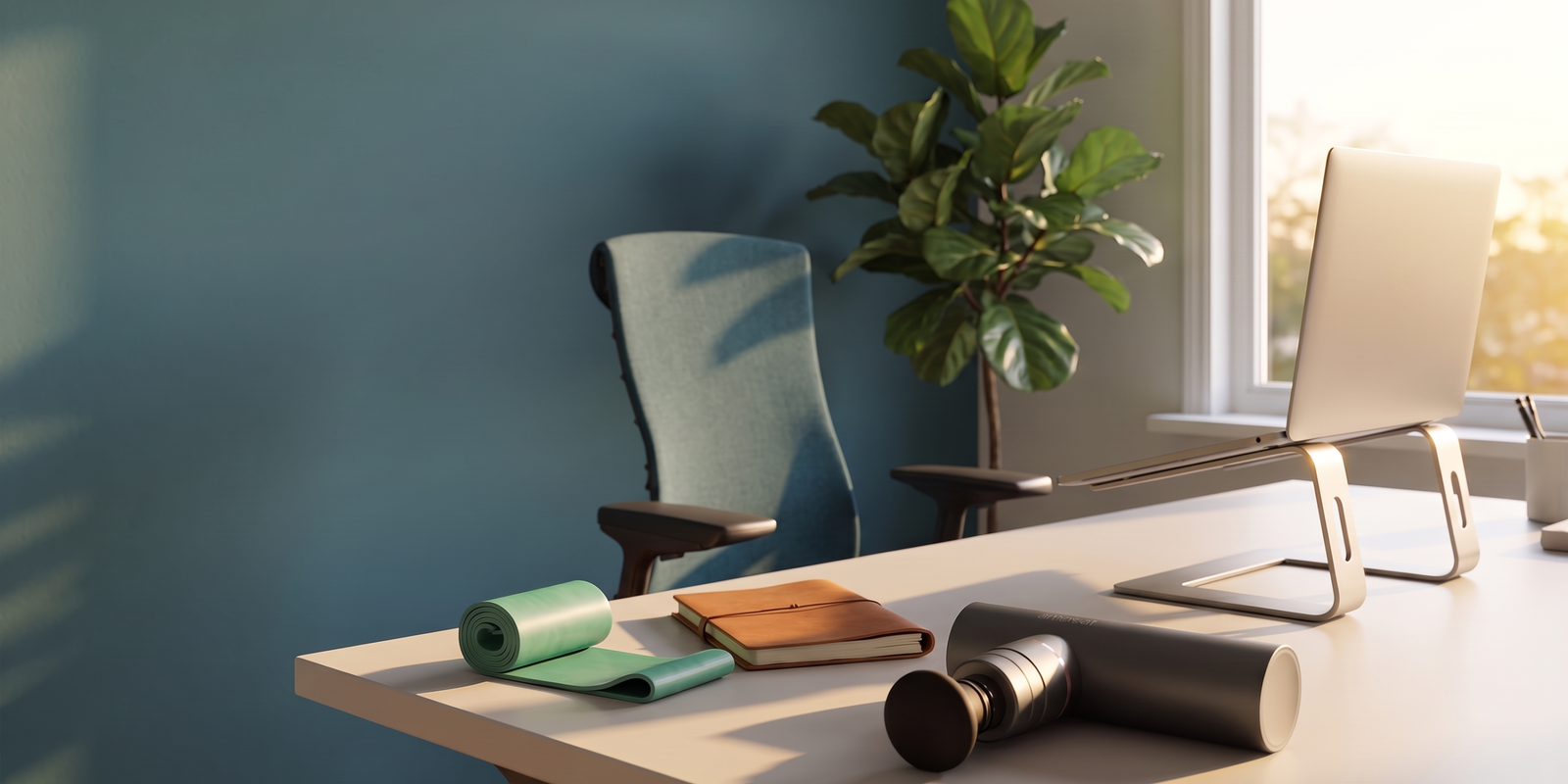 Nackenverspannungen lösen: Schreibtisch mit Fitnessband, Notizbuch und Massagepistole im Homeoffice