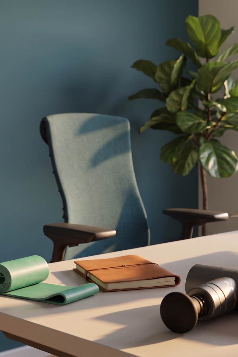 Nackenverspannungen lösen: Schreibtisch mit Fitnessband, Notizbuch und Massagepistole im Homeoffice