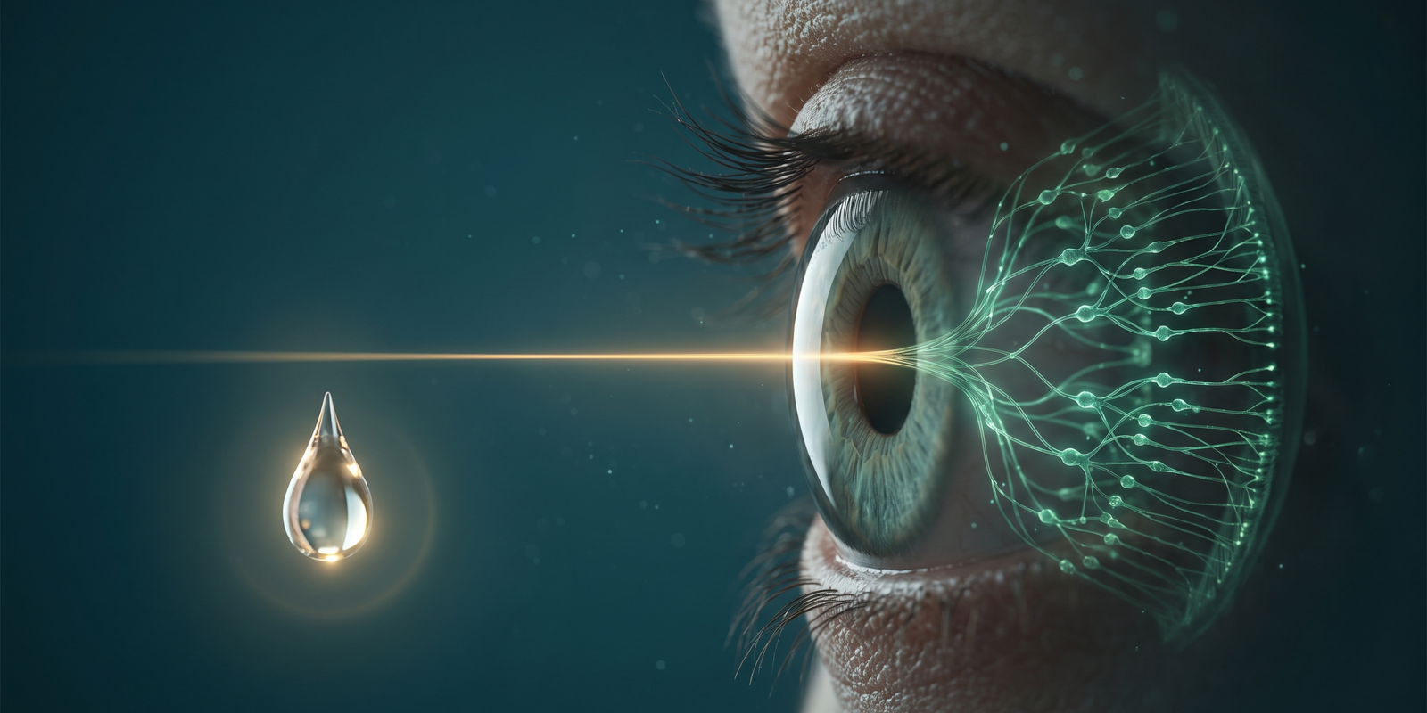 augentropfen-gegen-blindheit-prosthe6 Nahaufnahme eines menschlichen Auges, in dem ein goldener Lichtstrahl in ein leuchtendes grünes Nervennetz der Netzhaut übergeht, daneben ein fallender Tropfen
