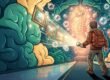 Neugier und Gedächtnis: Gehirn mit leuchtendem Hippocampus und Gemälden als Erinnerungssymbole