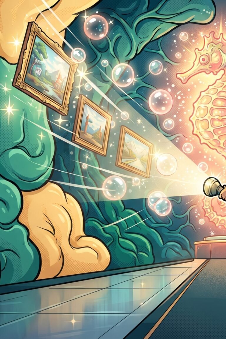 Neugier und Gedächtnis: Gehirn mit leuchtendem Hippocampus und Gemälden als Erinnerungssymbole