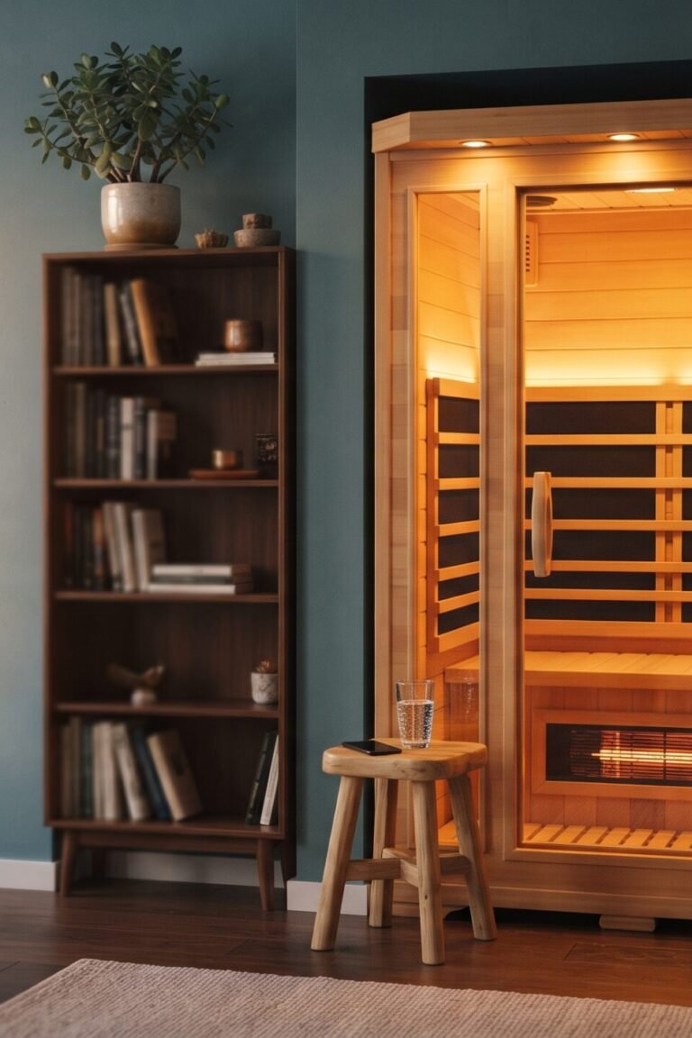 Infrarotkabine für 1 Person in einer kleinen Wohnungsnische, davor ein Hocker mit Wasserglas