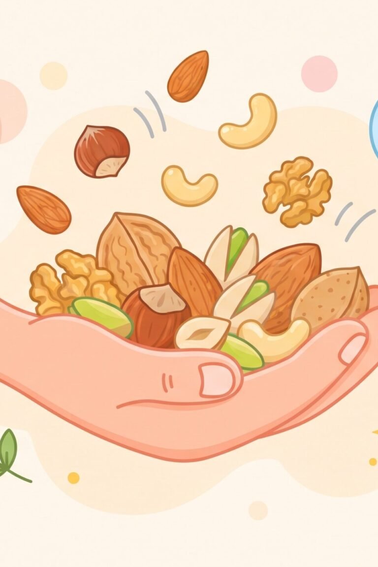 Nüsse gesund: Hand mit bunter Nussmischung aus Walnüssen, Mandeln, Haselnüssen und Pistazien