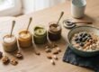 Verschiedene Nussmuse in Gläsern mit ganzen Nüssen und einer Porridge-Schale mit Heidelbeeren