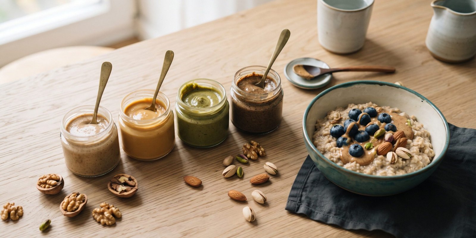 nussmus-gesund-gehirn-nuesse.jpg Verschiedene Nussmuse in Gläsern mit ganzen Nüssen und einer Porridge-Schale mit Heidelbeeren