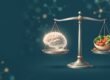 Gehirn auf einer Waage neben einer Schale Essen – Symbol für Demenz und Übergewicht