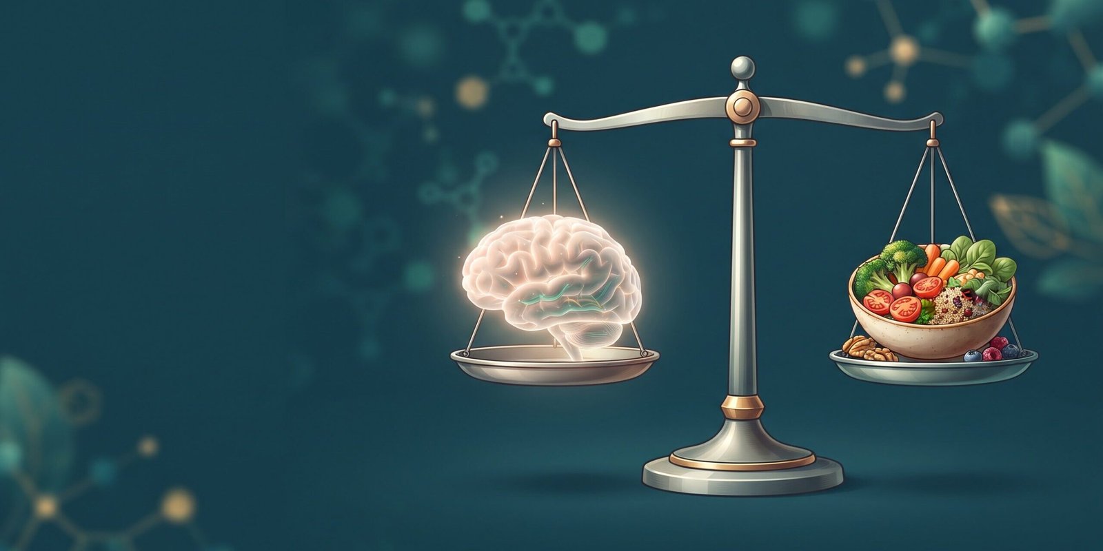 demenz-uebergewicht-lebenserwartung-studie Gehirn auf einer Waage neben einer Schale Essen – Symbol für Demenz und Übergewicht