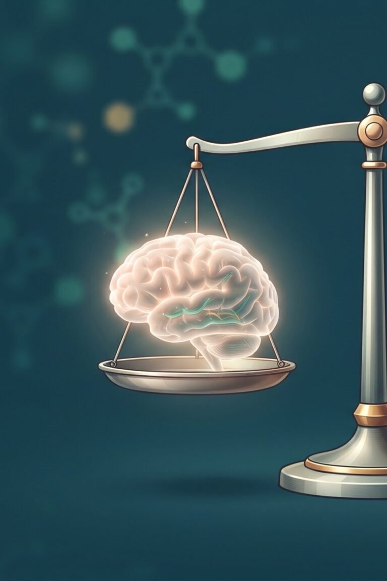 Gehirn auf einer Waage neben einer Schale Essen – Symbol für Demenz und Übergewicht