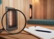 Infrarotkabine Testsieger: Lupe über Holzwand und Strahler einer Infrarotkabine, daneben eine leere Checkliste