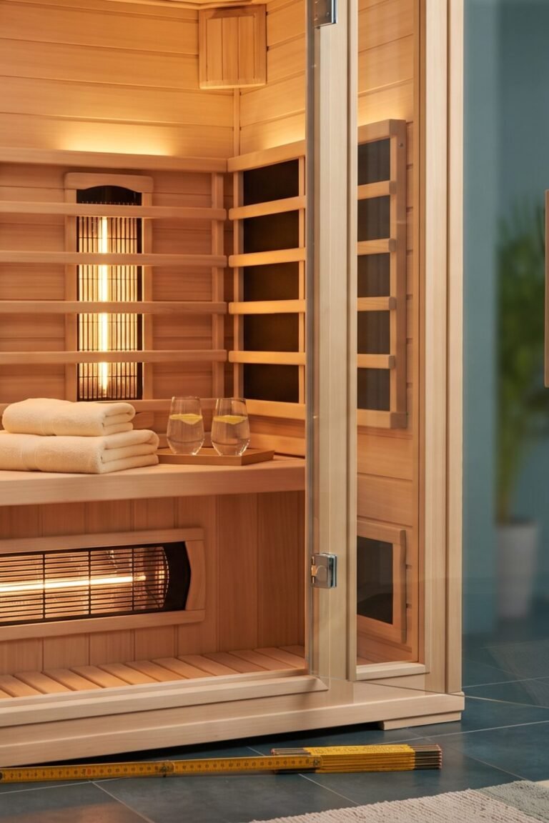 Infrarotkabine für 2 Personen: Holzbank mit zwei Handtüchern und Wassergläsern im warmen Licht