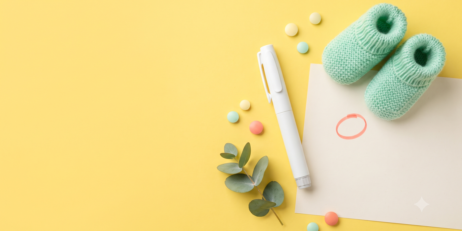 abnehmspritze-schwangerschaft-risiko-studie.jpg Abnehmspritze und Schwangerschaft: Pen-Injektor neben Babysöckchen und Kalender auf gelbem Hintergrund