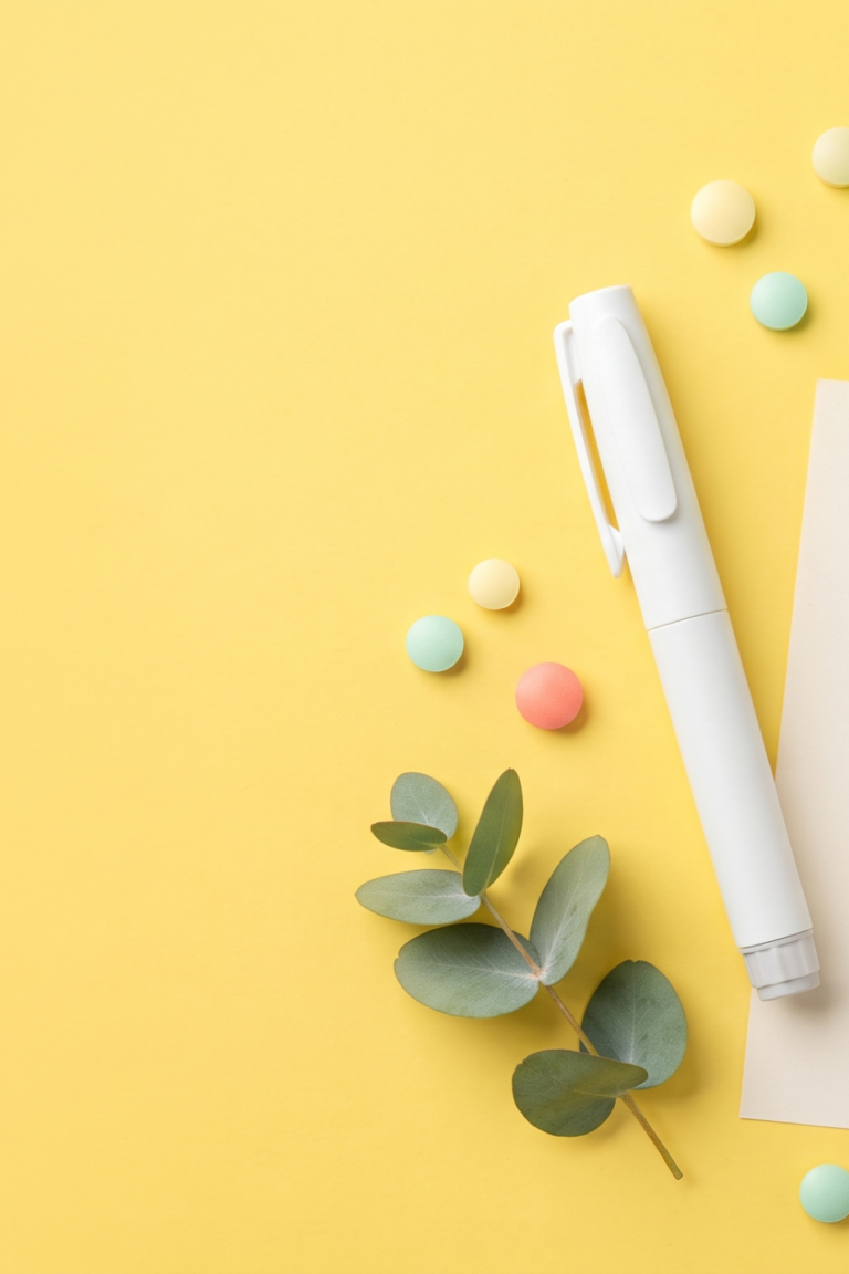 Abnehmspritze und Schwangerschaft: Pen-Injektor neben Babysöckchen und Kalender auf gelbem Hintergrund