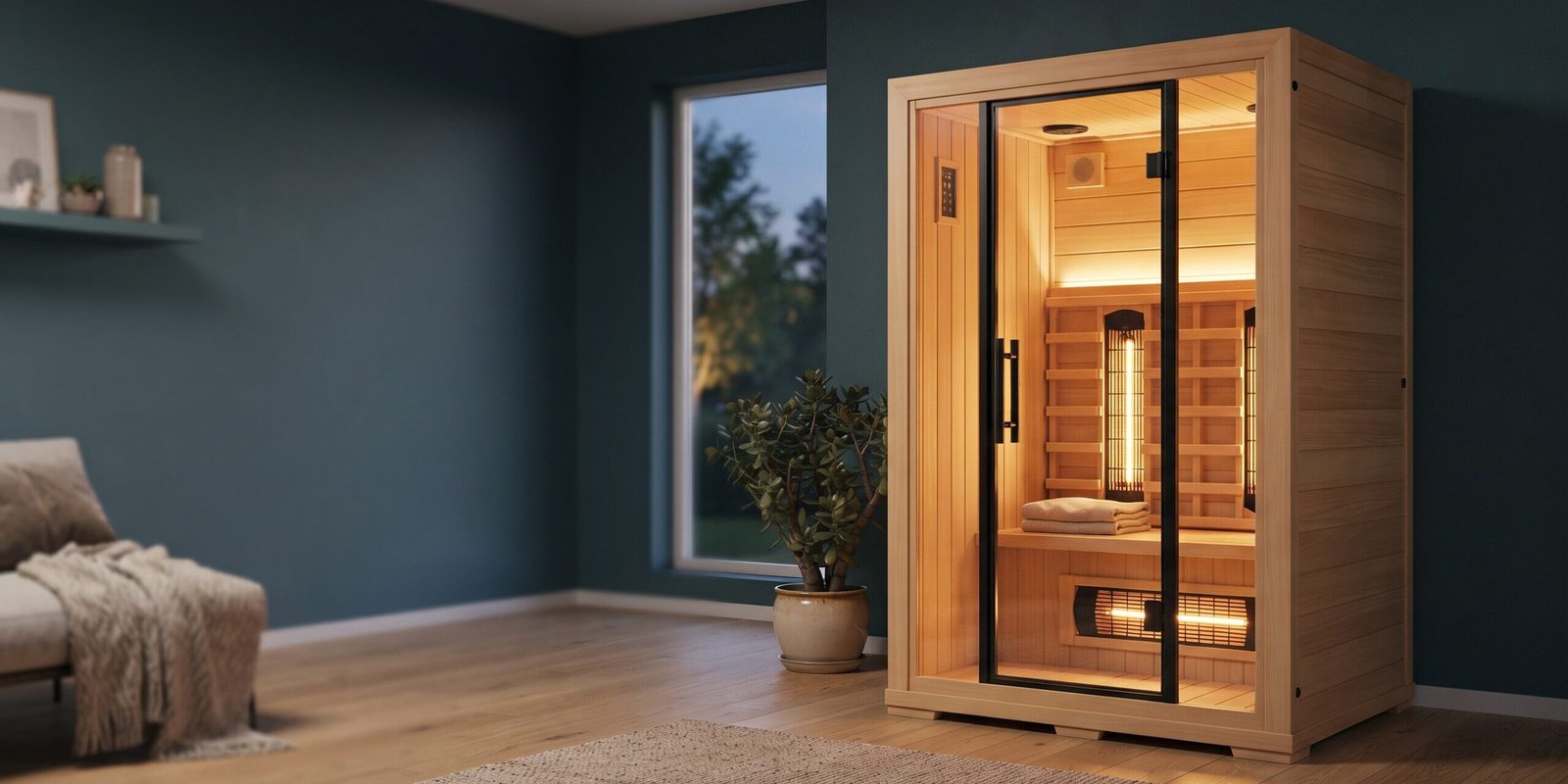 Infrarotkabine kaufen: moderne Holzkabine mit Glastür und warm leuchtenden Strahlern im Wohnraum