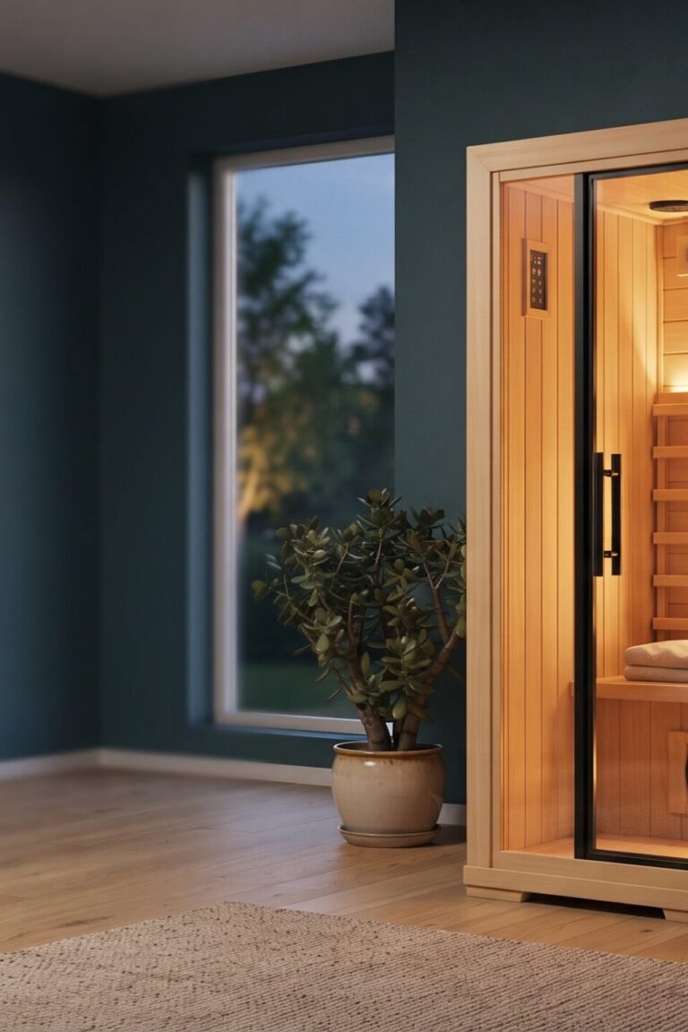 Infrarotkabine kaufen: moderne Holzkabine mit Glastür und warm leuchtenden Strahlern im Wohnraum