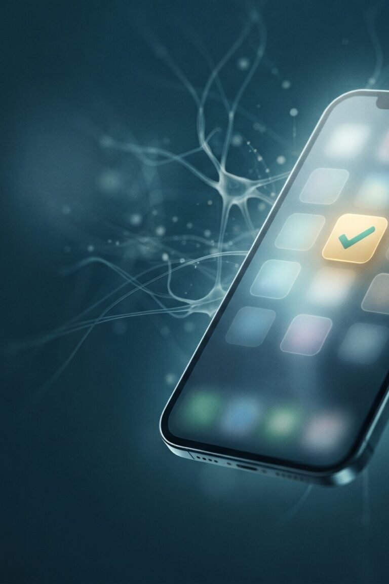 Smartphone mit vielen blassen App-Kacheln und einer leuchtenden – Symbol für Apps für Parkinson und Demenz
