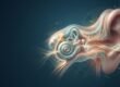 Unsichtbares Cochlea-Implantat: Illustration eines Hörimplantats unter der Haut mit Elektrode in der Hörschnecke