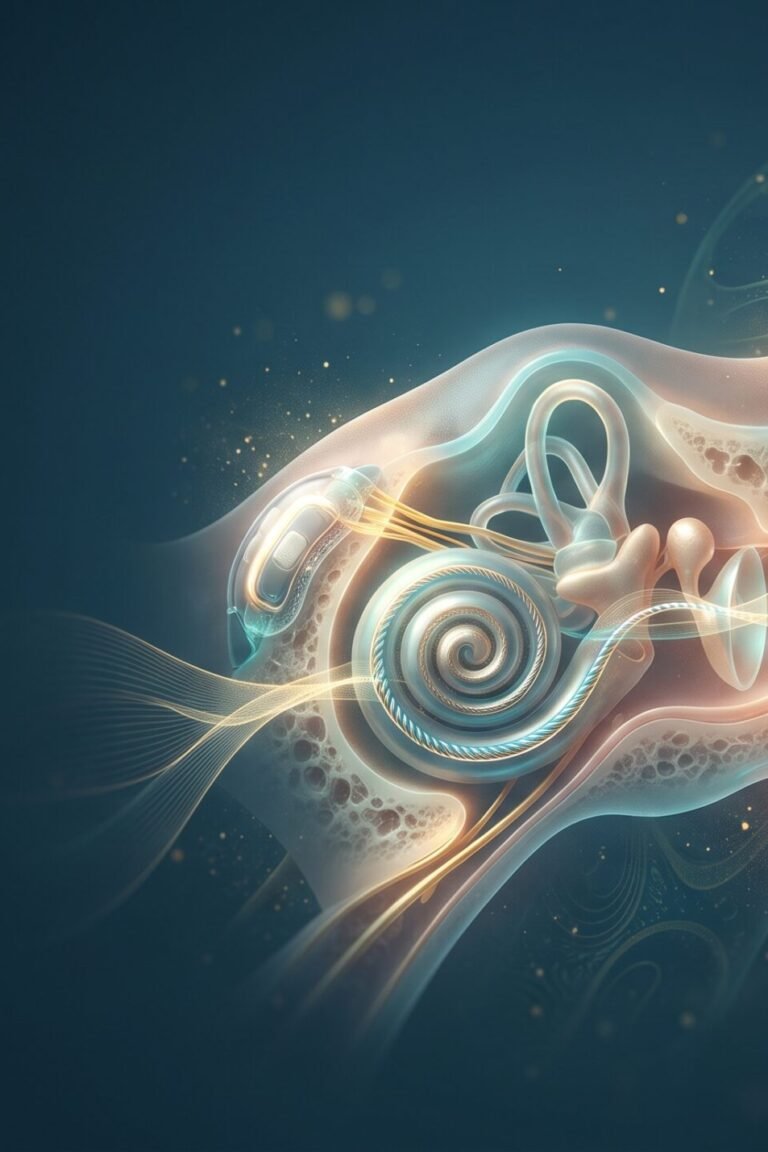 Unsichtbares Cochlea-Implantat: Illustration eines Hörimplantats unter der Haut mit Elektrode in der Hörschnecke