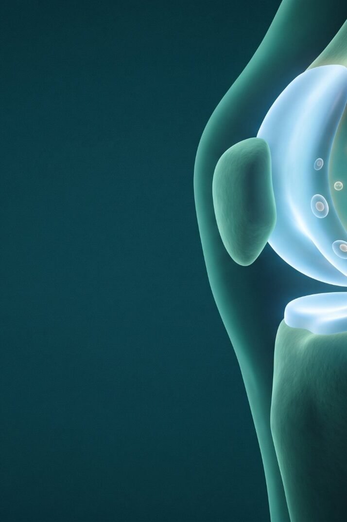 Bewegung bei Arthrose: Kniegelenk mit Knorpel und Botenstoff-Bläschen aus dem Blut